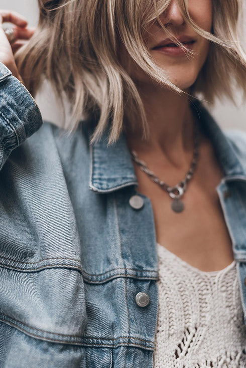 Metal Buttons Flap Pocket Drop Shoulder Denim Jacket
